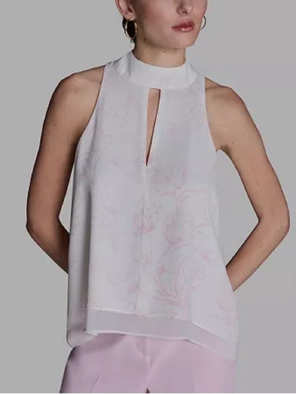 Bcbg Sleeveless High-Neck White & Light Pink Floral Shell Top M